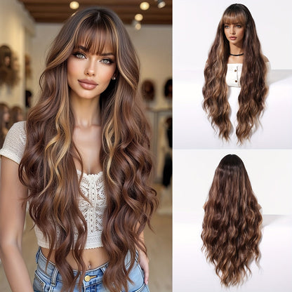 Brown Curly Wig with Bangs – 32” Heat-Resistant Synthetic Hair for Daily Wear and Effortless Style for Any Occasion