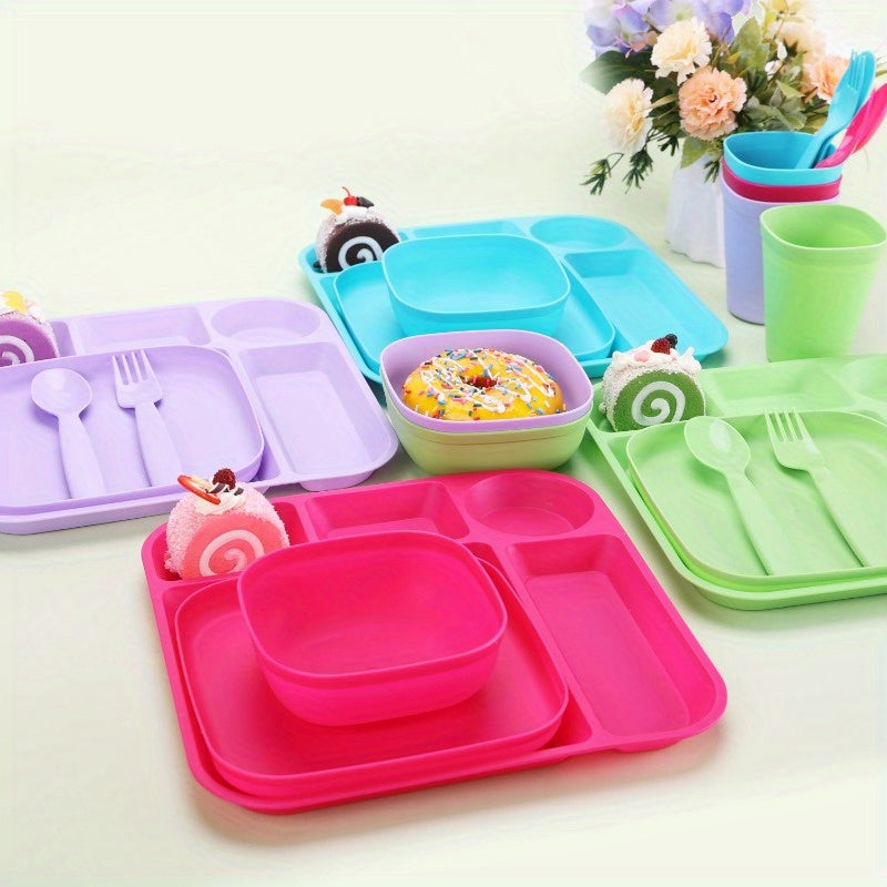 Pink Square Kids Dinnerware Set – 24pcs BPA-Free Plates, Bowls, Cups, Forks, and Spoons, Microwave & Dishwasher Safe, Perfect for Daily Meals and Snacks