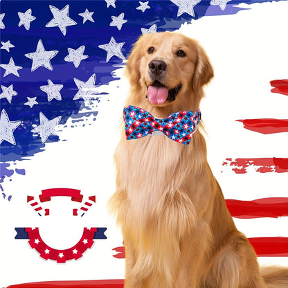 Patriotic American Stars Dog Collar with Bow – Adjustable 4th of July Pet Collar for Small & Large Dogs, Independence Day Accessory