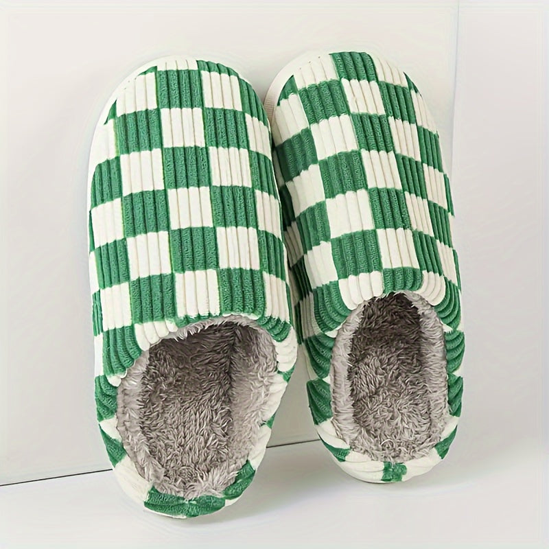 Women’s Plush Winter House Slippers – Warm Checkered Faux Fur Indoor Outdoor Non-Slip Bedroom Shoes