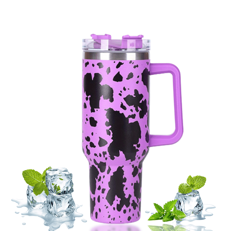 Stainless Steel Insulated Cow Print Tumbler – 40oz Travel Mug with Handle and Straw Lid, Heat-Preserving, Perfect Gift for Camping, Sports, and Outdoor Adventures