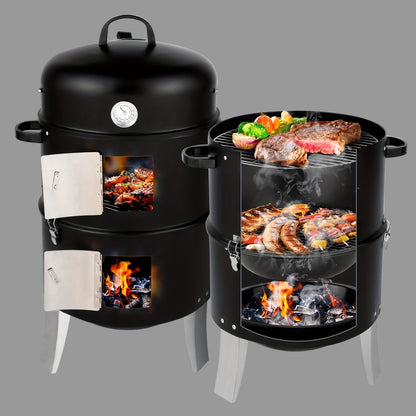 Portable Vertical Charcoal Smoker Grill – 3-Layer Outdoor BBQ Cooker with Large Cooking Capacity, Easy Heat Control, and Durable Black Construction for Camping and Picnics