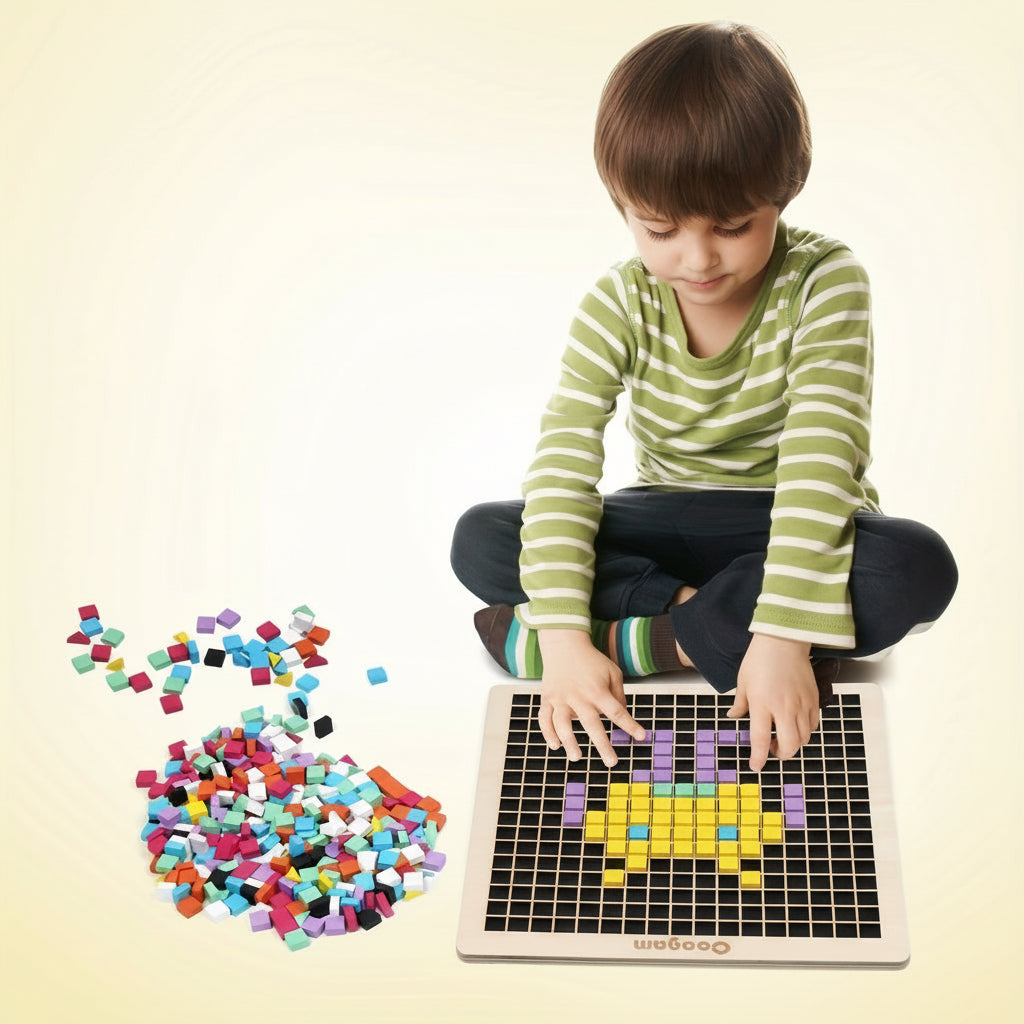 Colorful Wooden Mosaic Puzzle – 370-Piece Colorful Shape Pattern Pixel Board STEM Toy for Kids