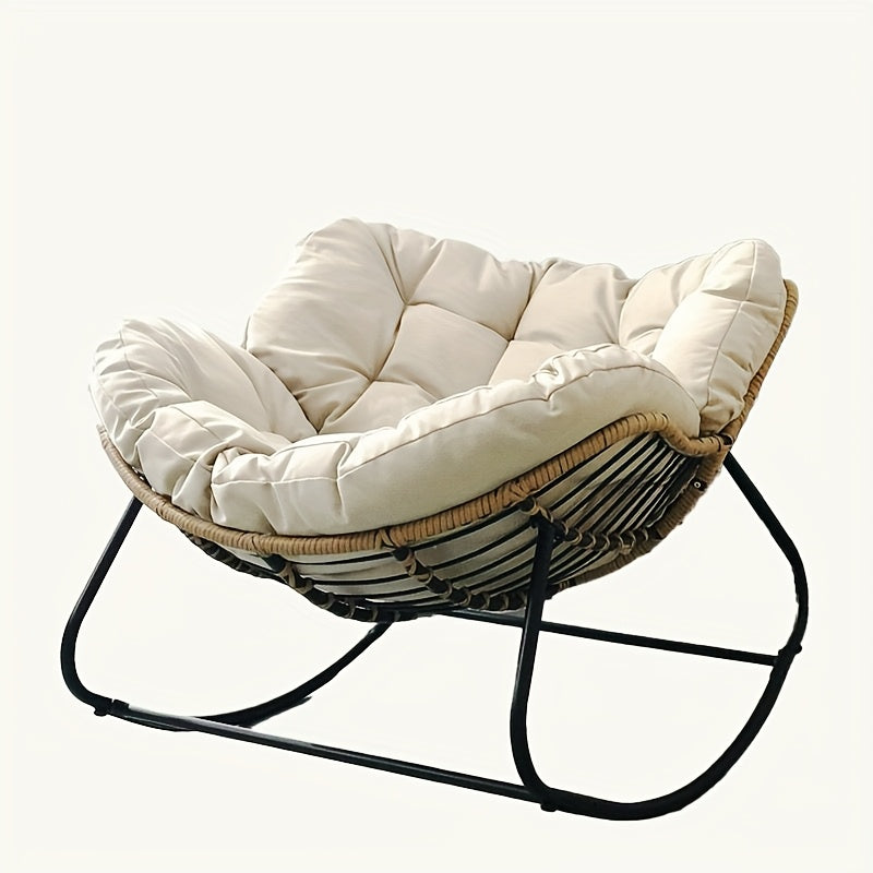 Oversized Outdoor Rocking Papasan Chair – Wicker Egg Lounge Chair with Thick Cushion for Patio and Backyard