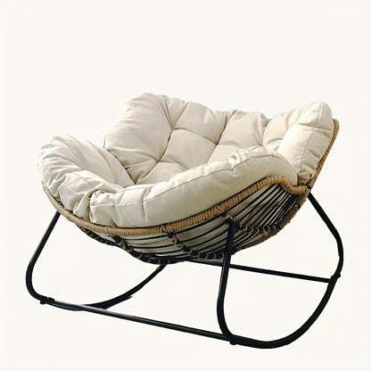 Oversized Outdoor Rocking Papasan Chair – Wicker Egg Lounge Chair with Thick Cushion for Patio and Backyard
