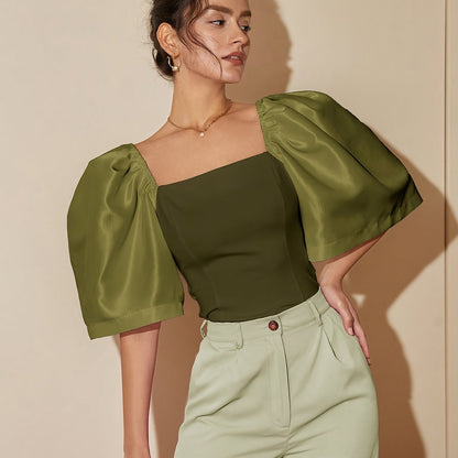 Chic Square Neck Lantern Sleeve Blouse – Woven Polyester Women’s Fashion Top for Spring/Summer Street Style with a Flattering Skinny Fit