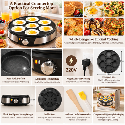 Professional 7-Hole Electric Crepe Maker – 220V Non-Stick Baking Pan for Crepes, Eggs, Burgers, Omelettes and Everyday Breakfast Cooking
