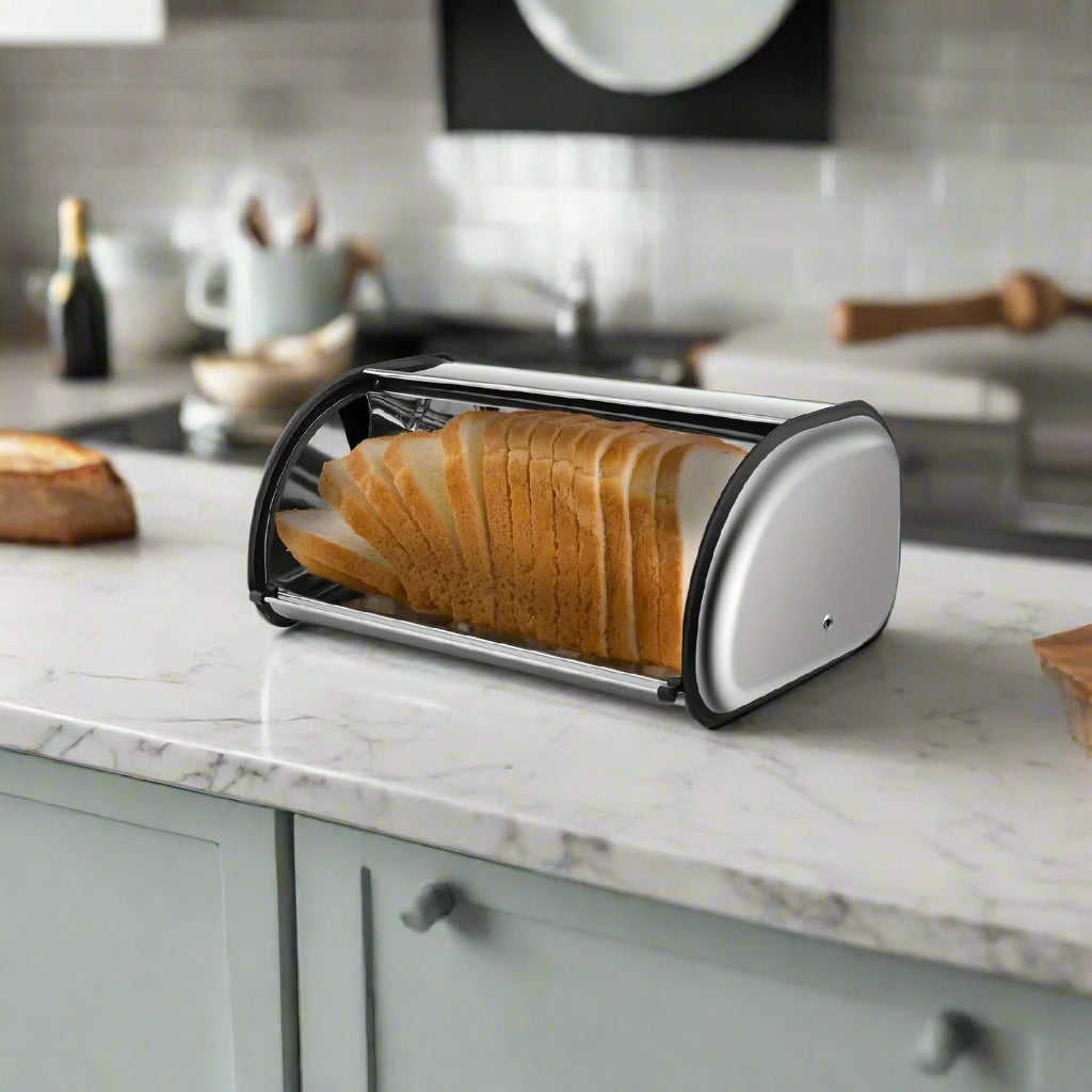 Stainless Steel Roll Top Bread Box – Large Capacity Kitchen Counter Storage with Smooth Sliding Lid, Stylish Modern Design for Fresh Bread and Baked Goods