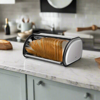 Stainless Steel Roll Top Bread Box – Large Capacity Kitchen Counter Storage with Smooth Sliding Lid, Stylish Modern Design for Fresh Bread and Baked Goods