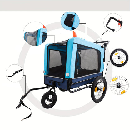 Foldable Heavy-Duty Dog Stroller Trailer – Blue Steel Frame & Polyester Pet Carrier for Outdoor Bicycle Travel, Supports 220lbs with Secure Mesh Enclosure