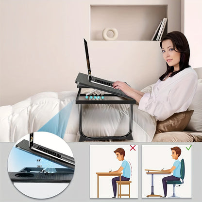 Foldable Adjustable Laptop Desk with Cup Holder – Ergonomic Portable Workstation for Beds, Couches, or Travel Work, Comfort Guaranteed