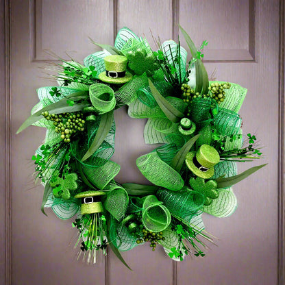 Mini Irish Hat Door Hanging – 20" Mesh Bowknot Wall Décor with Shamrocks for a Whimsical St. Patrick’s Day Entryway Accent