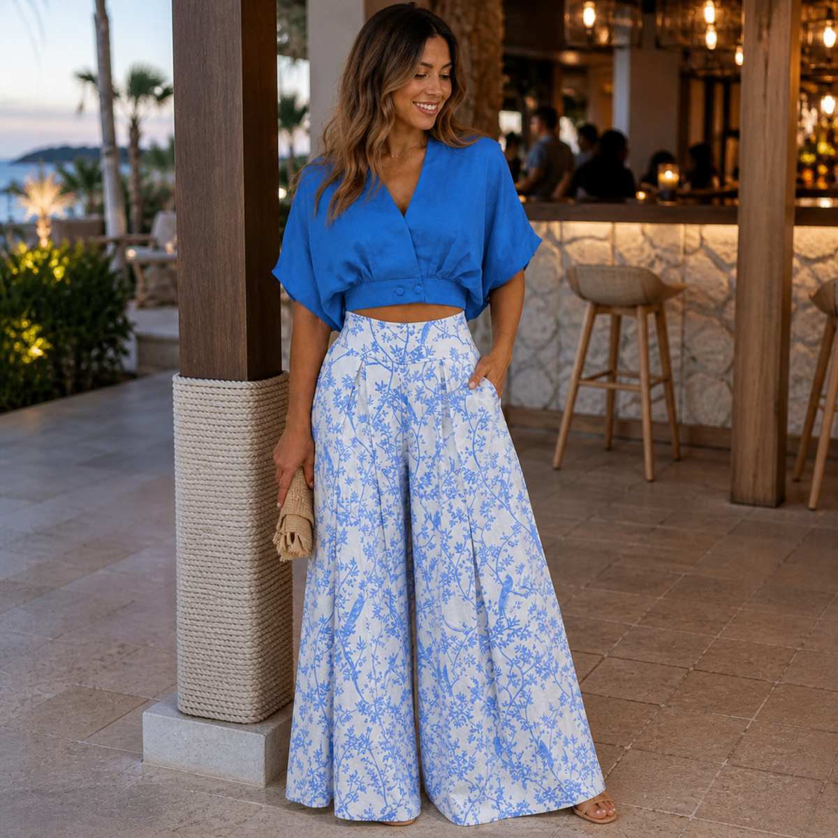 Casual Two Piece Outfit – Women’s V-Neck Top and Wide Leg Pants Set, Loose Fit Streetwear Fashion for Everyday Style