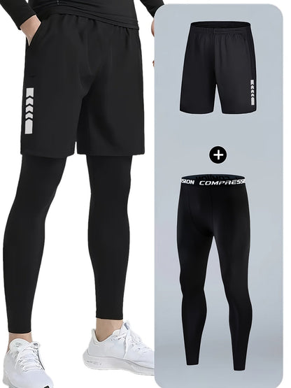 Men’s 2-Piece Sports Set – Running Training Shorts with Compression Tights, Quick-Dry Activewear for Gym & Basketball