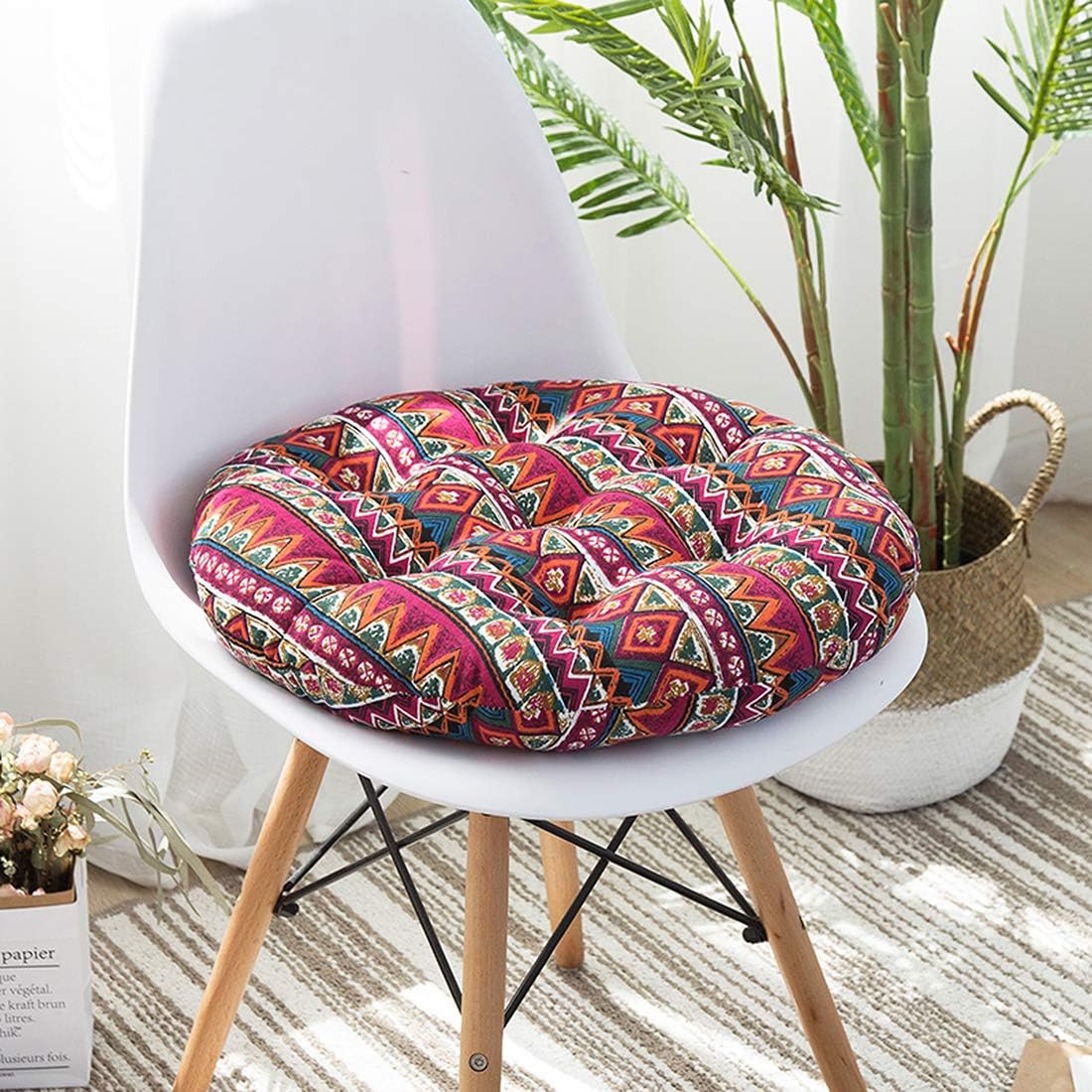 Bohemian Round Floor Cushion – Thick Cotton Linen Futon Pillow with Blue Floral Pattern, Perfect for Yoga, Meditation, Bay Window Seating, or Cozy Living Room Decor