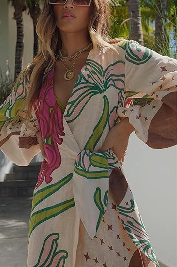 Women’s Deep V-Neck Party Maxi Dress – Long Sleeve Lace-Up Design with Sexy Print, Elegant Fall Evening Dress 2024