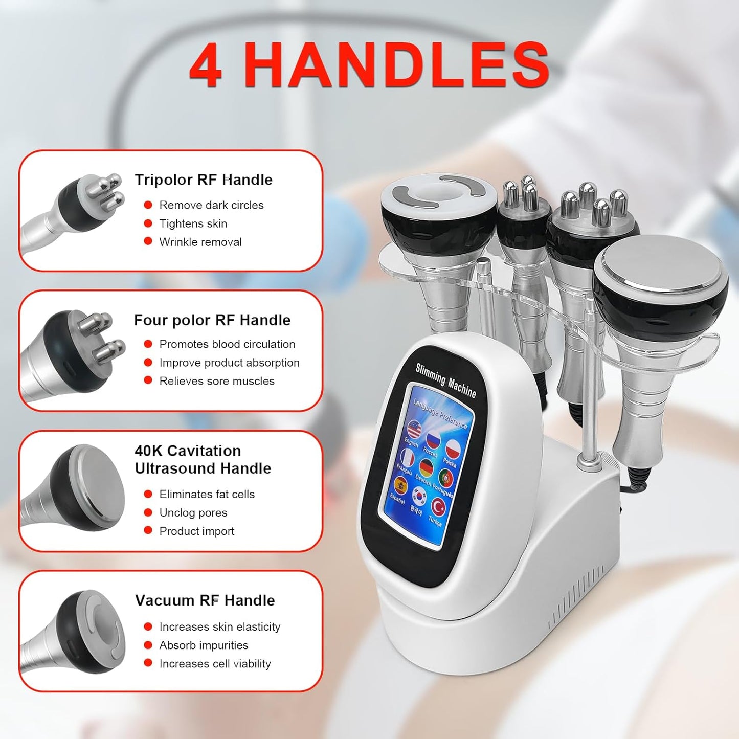 4in1 40K Radio-frequency Vacuum Ultrasonic Cavitation Machine, Body Slimming Sculpting Device for Face, Arm, Waist, Belly, Leg