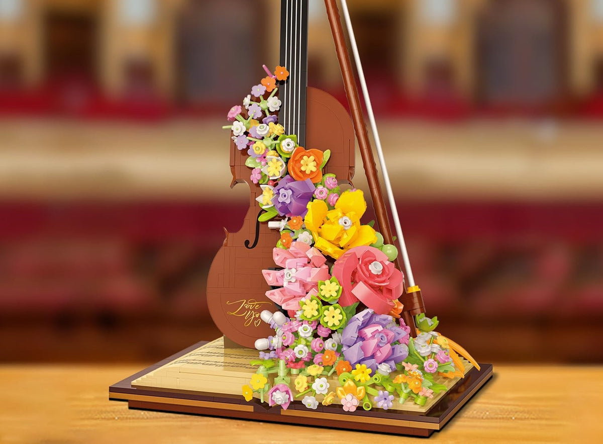 Mini Piano & Violin Building Block Set – DIY Musical Instrument Model with Eternal Flower Decor, Creative Gift for Children’s Birthdays