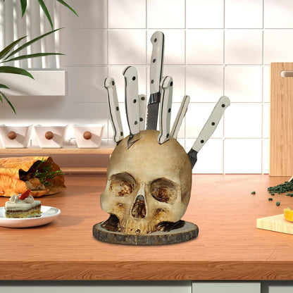 Skull Knife Holder – Unique Skeleton Head Kitchen Storage Rack, Horror Knife Stand and Fruit Rack Halloween Home Decoration