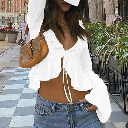 Sexy Autumn Lace-Up Crop Cardigan Top – V-Neck Ruffle Long Sleeve Women’s Streetwear Blouse for Holiday Outfits