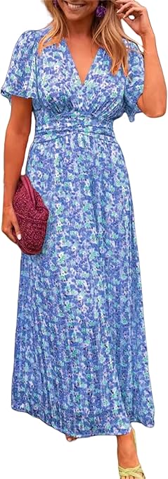Summer Floral V-Neck Maxi Dress – Short Sleeve Elegant Office Dress, Casual Beachwear for Women’s Daily or Vacation Look