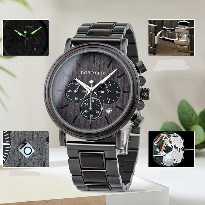 Wooden Men’s Watch Relogio Masculino – Stylish Chronograph Military Timepiece in Gift Box, Eco-Friendly Design for Everyday Elegance
