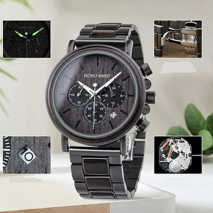 Wooden Men’s Watch Relogio Masculino – Stylish Chronograph Military Timepiece in Gift Box, Eco-Friendly Design for Everyday Elegance