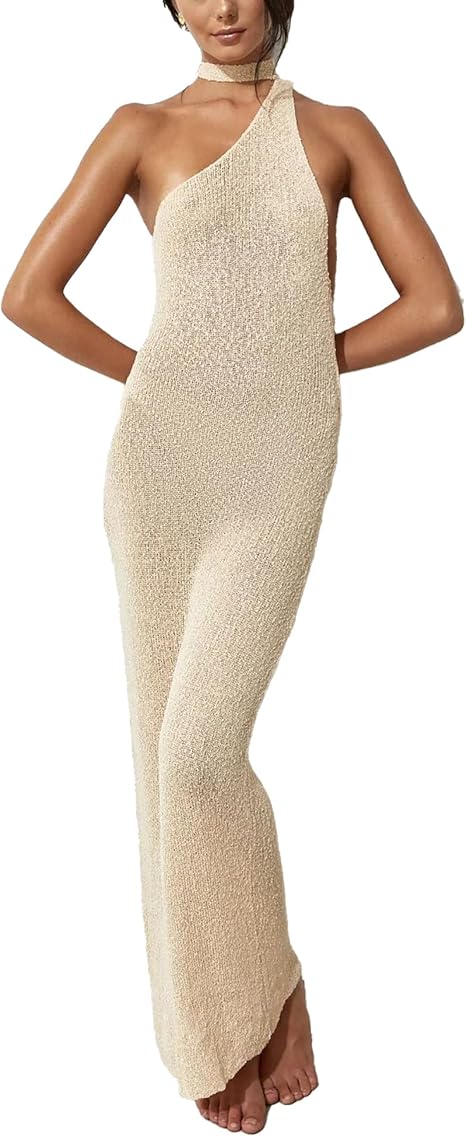 Halter Crochet Beach Cover-Up – Sexy Backless High-Split Knitted Tunic Dress for Vacations and Poolside Wear