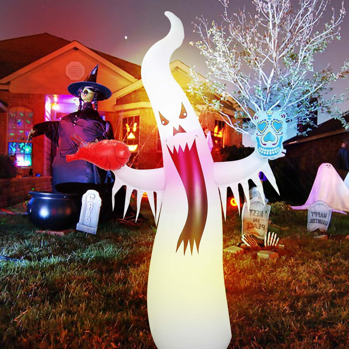 Halloween Inflatable Ghost with Remote – Luminous Flashing LED Horror Decoration for Outdoor Courtyard Haunted Houses and Spooky Party Props