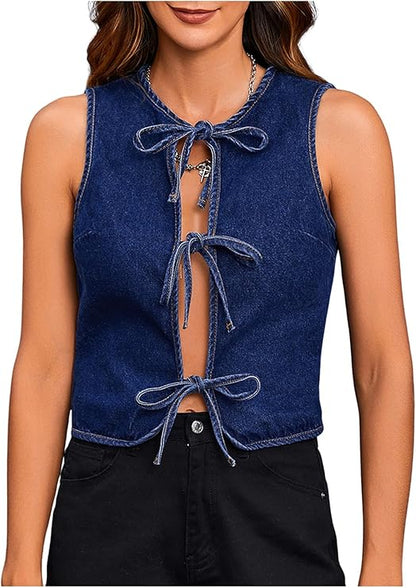 Lace-Up Bow-tied Denim Vest – Sexy Strappy Tank Top for Women’s Streetwear & Casual Layering