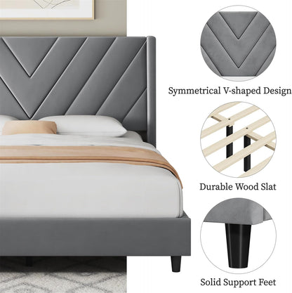 Queen Bed Frame with Chevron Channel-Tufted Headboard