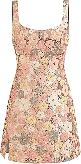 Women’s Floral Sequin Mini Dress – Colorful Sleeveless Backless Outfit for Holidays & Elegant Events