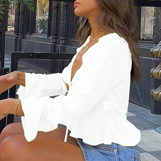 Sexy Autumn Lace-Up Crop Cardigan Top – V-Neck Ruffle Long Sleeve Women’s Streetwear Blouse for Holiday Outfits
