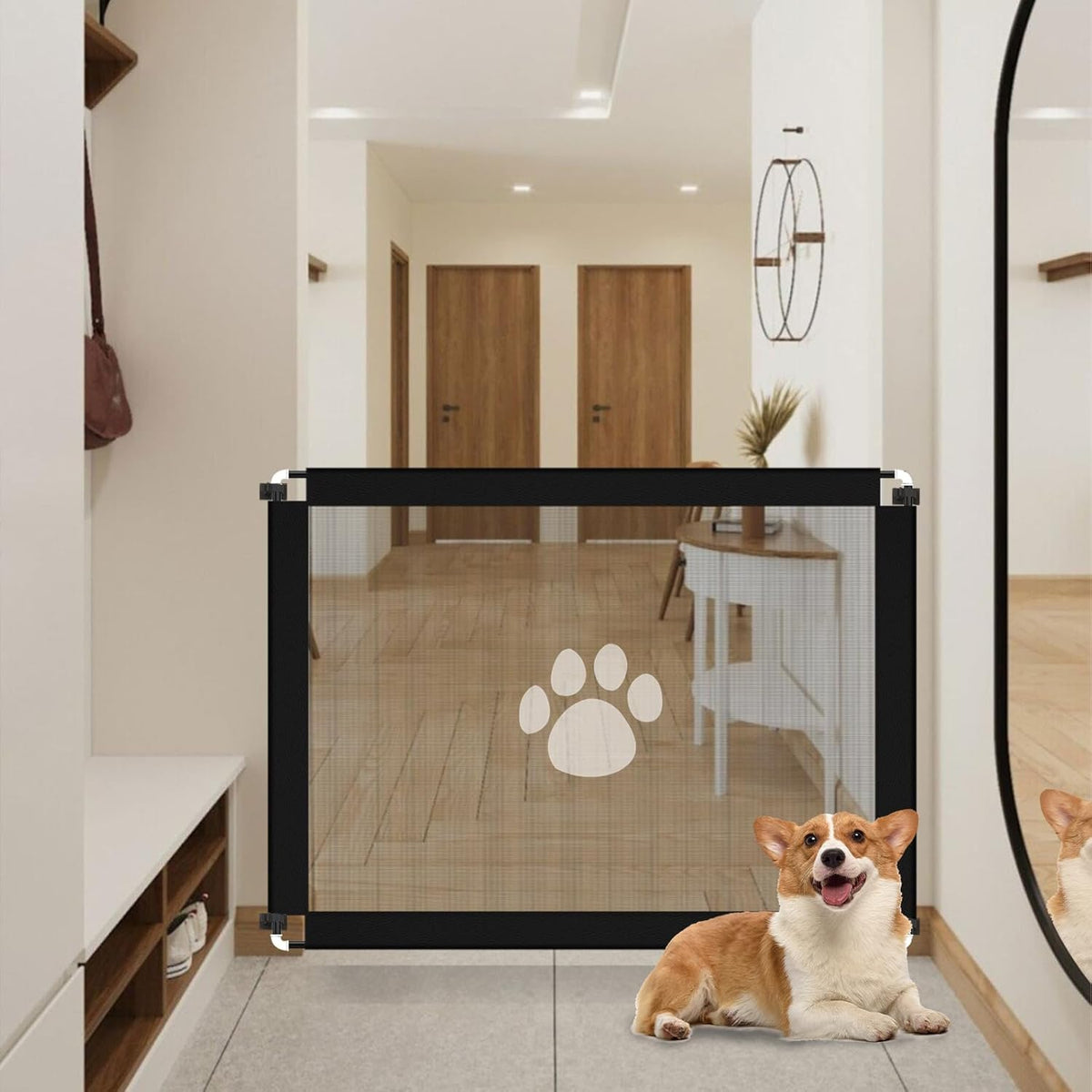 Portable Folding Pet Safety Gate – Durable Mesh Barrier for Dogs and Puppies, Easy Installation, Compact Storage, and Space-Saving Design