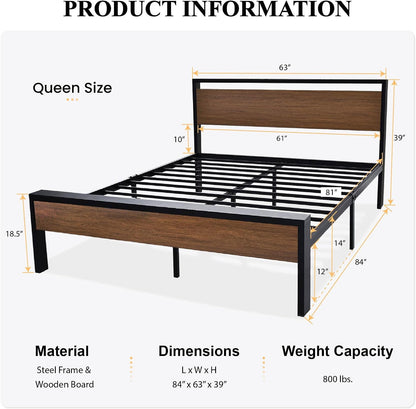 14 Inch Queen Size Metal Platform Bed Frame with Wooden Headboard and Footboard