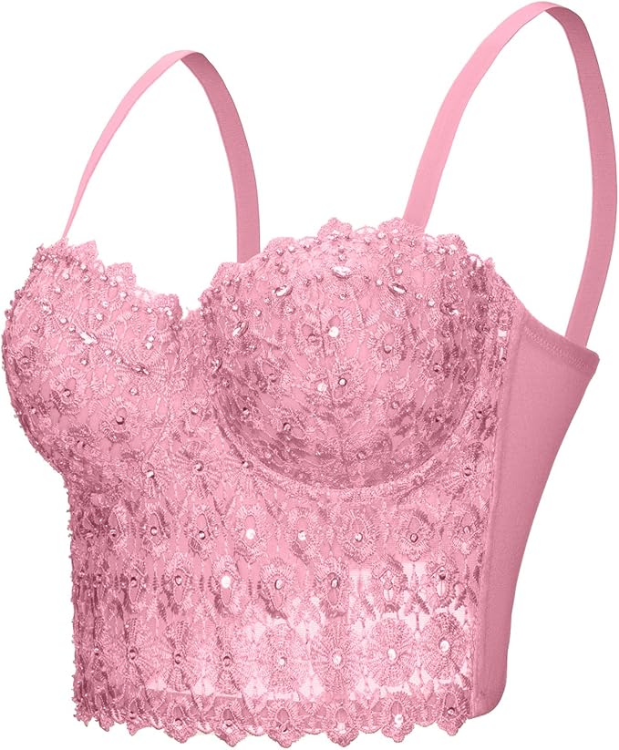 Beaded Lace Corset Crop Top – Sexy Bustier Bodice with Black Lace Detailing for Party, Clubwear, and Evening Fashion