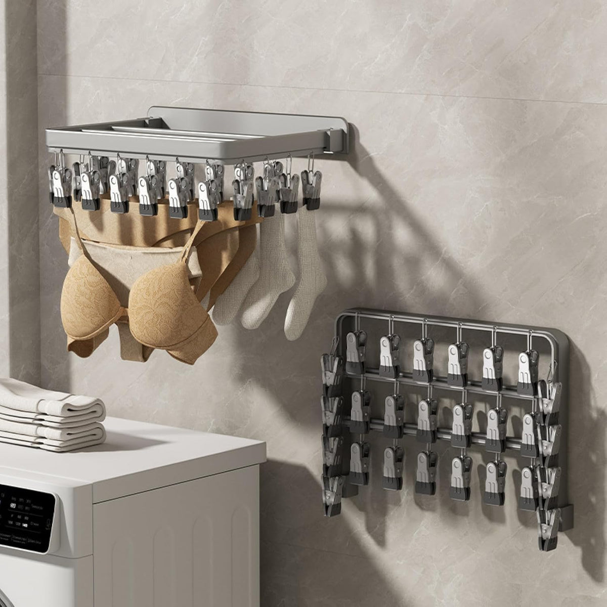 Three-Fold Clothes Drying Rack – Large Laundry Organizer with Rods, Clips for Pants, Towels, Gloves; Space-Saving Design for Indoor or Outdoor Drying