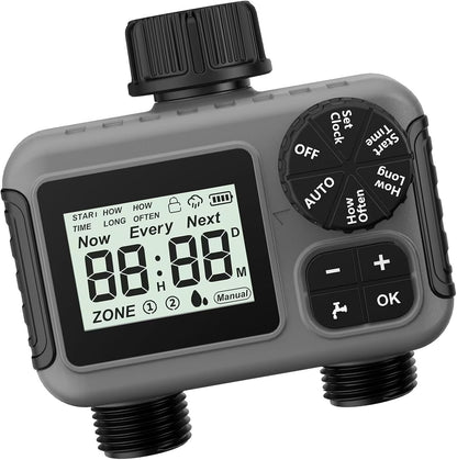 Dual-Outlet Automatic Water Timer – 3/4" IPX5 Smart Irrigation Controller with Programmable Schedule for Garden & Lawn Care
