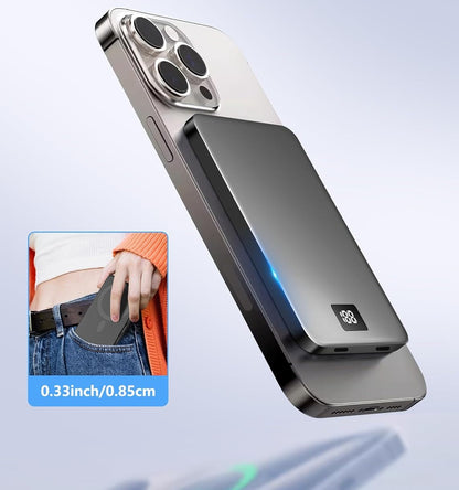Ultra-Thin Magnetic Power Bank for MagSafe – LED Fast Charging Portable Battery Pack for iPhone, Samsung & AirPods Travel Backup