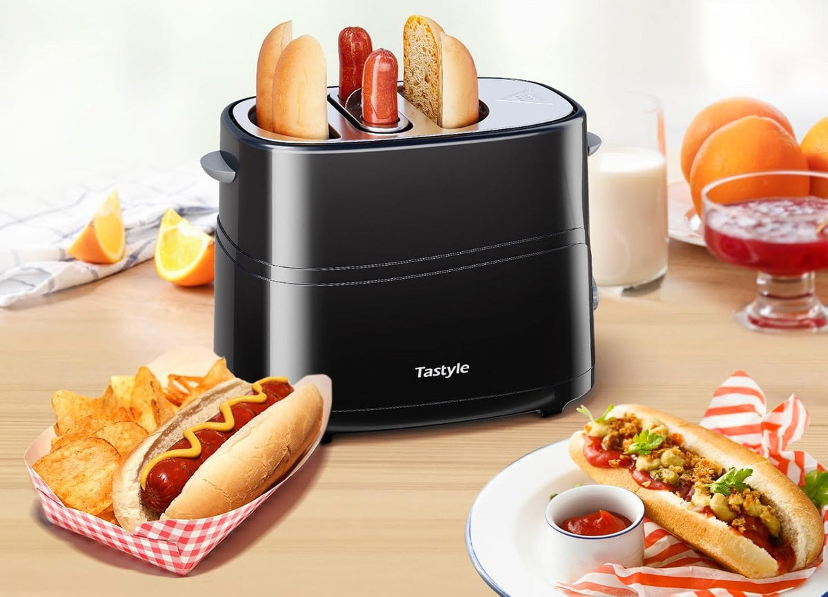 Hot Dog & Bun Toaster with Mini Tongs – 2‑Slot Retro Stainless Steel Cooker for Sausages, Chicken, Veggie Links and Breakfast Fun