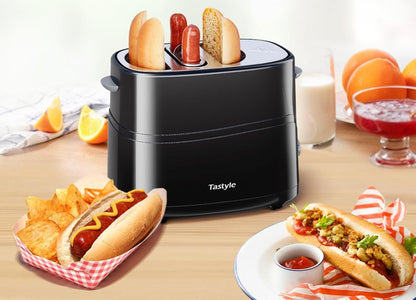 Hot Dog & Bun Toaster with Mini Tongs – 2‑Slot Retro Stainless Steel Cooker for Sausages, Chicken, Veggie Links and Breakfast Fun