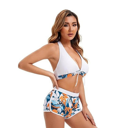 High Waisted Bikini Set – Conservative Print Swimsuit for Women with Flat Angle Cut, Tummy Control High Waist Split Design