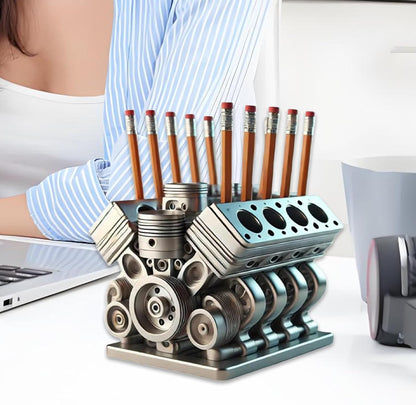 Creative V8 Engine Pen Holder - Eye-Catching Desk Ornament for Gearheads, Office Fun & Unique Gift Idea for Men