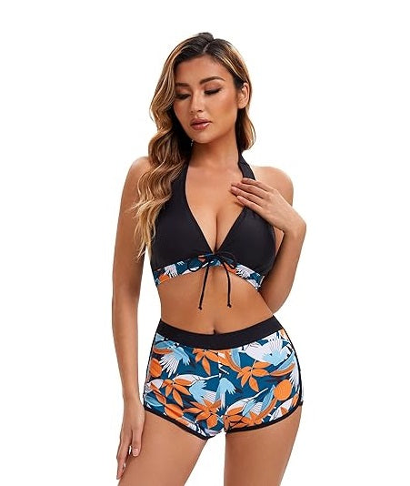 High Waisted Bikini Set – Conservative Print Swimsuit for Women with Flat Angle Cut, Tummy Control High Waist Split Design