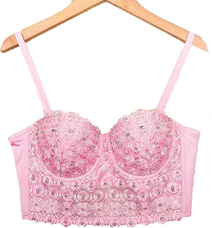 Beaded Lace Corset Crop Top – Sexy Bustier Bodice with Black Lace Detailing for Party, Clubwear, and Evening Fashion
