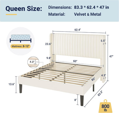 Queen Size Velvet Bed Frame | Vertical Channel Tufted Wingback Headboard