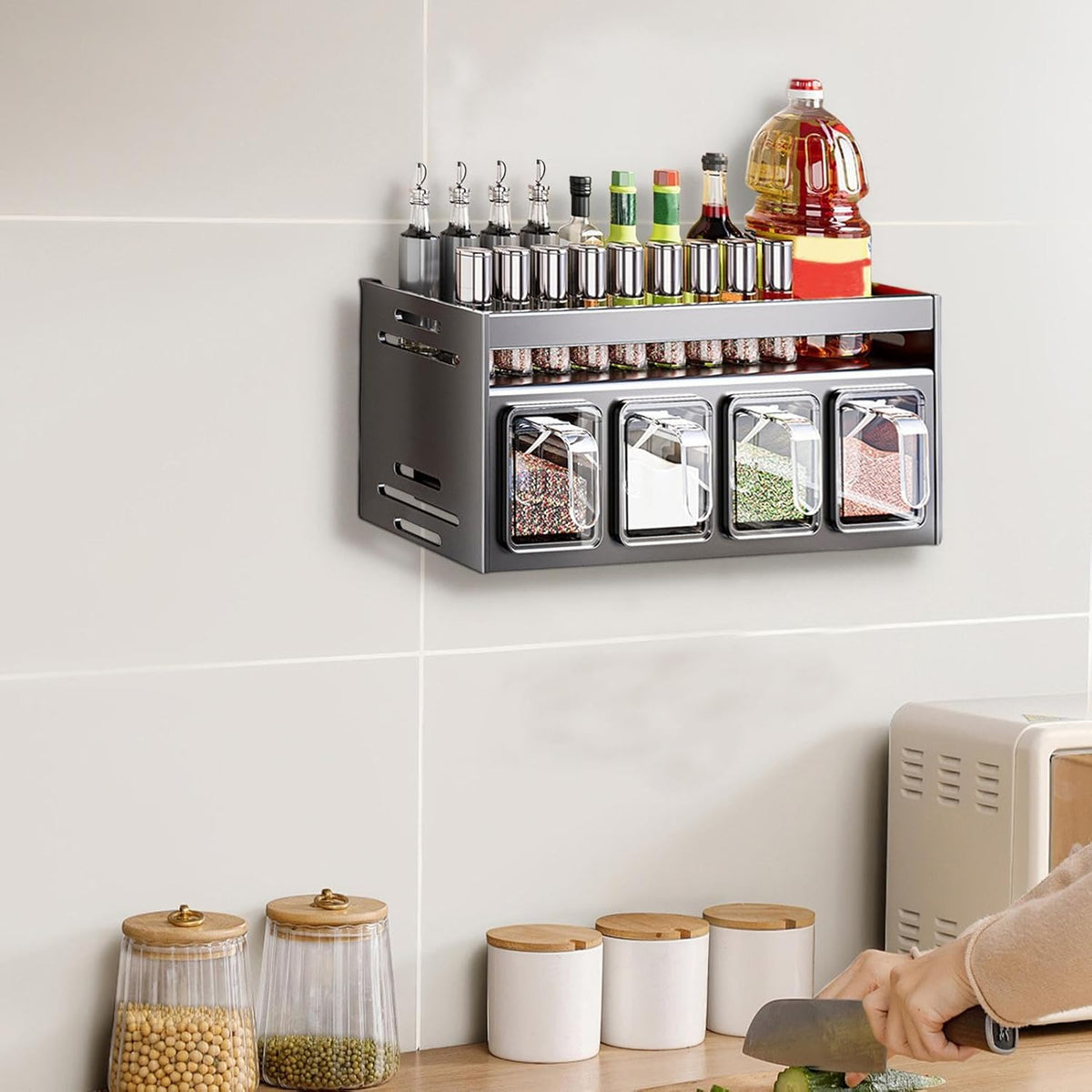Stainless Steel Wall-Mounted Spice Rack – Multi-Functional Jar Organizer for Kitchen Storage, Wall Box Tray for Herbs, Condiments
