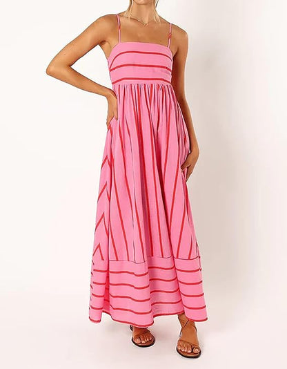 Striped Suspender Swing Dress for Women – Sleeveless, Backless Casual Vestido, Perfect for Weddings, Vacations & Summer Chic