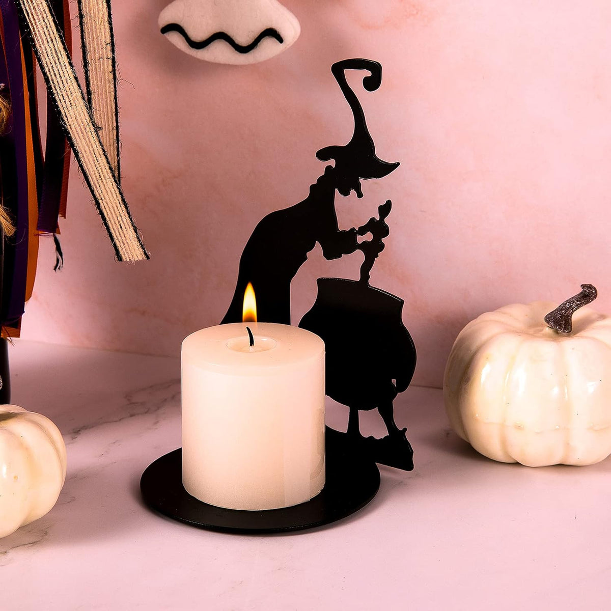 Halloween Witch and Black Cat Figurine – Wooden Apothecary Desk Ornament for Spooky Party Atmosphere, Home Decoration, and Craft Display