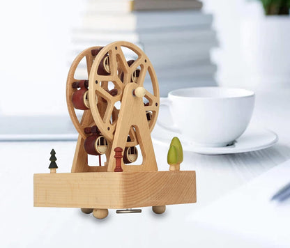 Ferris Wheel Wooden Music Box – Mini Beech Wood Handcrafted Musical Gift for Christmas, Birthdays, Valentine’s Day with Square Base Ornament Design